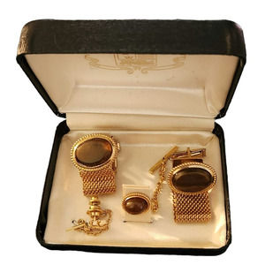 Vintage Set of 2 Tie Tacks‎ and 1 Set of Cuff Links Gold Tone